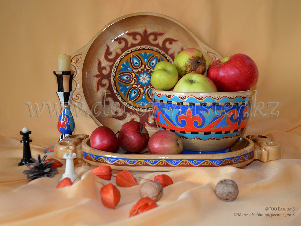 Посуда с Казахским орнаментом. Роспись по дереву
